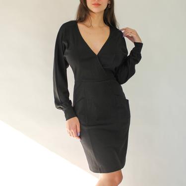 Vintage Diane Von Furstenburg Black Rayon Blend Dress | Wrap Neckline, Pockets, Billowy Sleeves, Little Black Dress | DVF Designer Y2K Dress 
