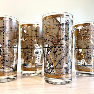 Vintage World Atlas Map High Ball Glasses by Cera, Set of 4 