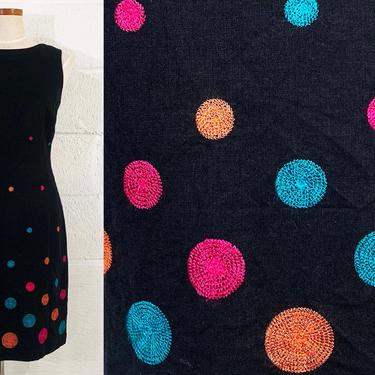 Vintage Sleeveless Dress Black Polka Dot Embroidered Pattern 1990s 00s Mod Orange Pink Blue Boho Festival Summer Sundress Shift Small XS 