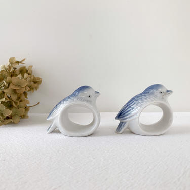 Two Porcelain Blue and White Bird Napkin Rings | Vintage Pair of Ceramic Bird Napkin Holders | Table Setting for Two 