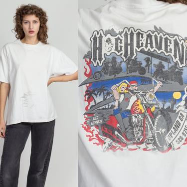 Vintage Hog Heaven Biker T Shirt - Men's Large | 90s Unisex White Distressed Motorcycle Shop Graphic Souvenir Tee 