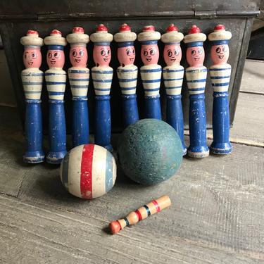 Charming French Wood Skittle Game, Navy Sailors, Naval, Set of 9, Wooden Childs Bowling Game, French Farmhouse 