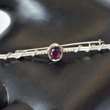 Unusual 50's Egyptian 800 silver amethyst bar brooch, edgy silver faceted purple stone gothic barbed wire wrapped c clasp pin 