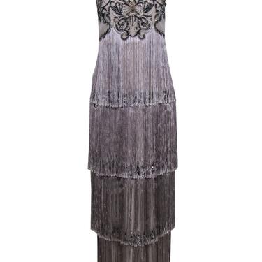 Marchesa Notte - Grey Sleeveless Gown w/ Sequin, Beaded & Fringe Trim Sz 8