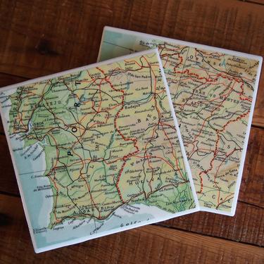 1963 Portugal Vintage Map Coasters - Ceramic Tile Set of 2 - Repurposed 1960s Reader's Digest Atlas - Handmade - Lisbon - Iberia - Europe 