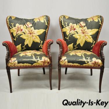 Pair French Hollywood Regency Wingback Grosfeld House Style Lounge Arm Chairs