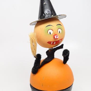 Antique 1940's German Bobble Head Witch with Broom, Candy Container for Halloween, Hand Painted, West Germany 