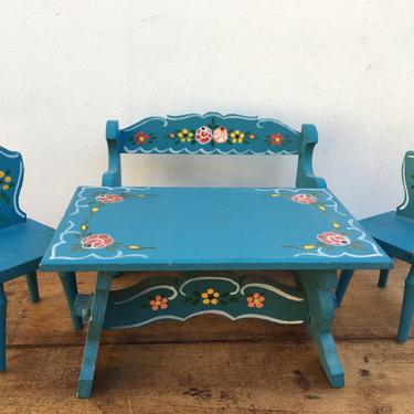Vintage Dora Kuhn Dollhouse Furniture, Dining Table With Bench And 2 Chairs, Scandinavian Wood Kitchen Table With Floral Design 