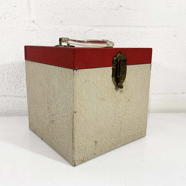 Vintage Metal 45 Box Record Case Holder Storage Mid-Century Retro Music Musical Red Beige Plastic Handle 