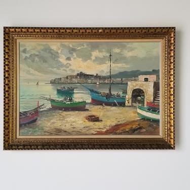 1970s Italian Impressionist Style Seascape Oil Painting, Framed. 