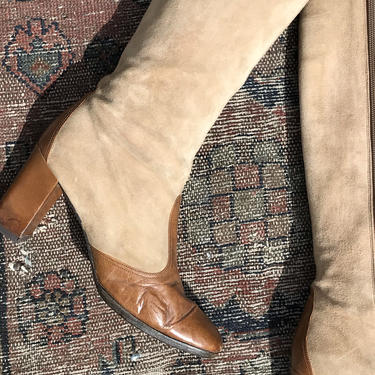 60’s 70’s Tall sexy 2 tone fitted boots~ tan suede brown leather~ mod retro hipster 1970’s high heel dress boot women’s size 8 