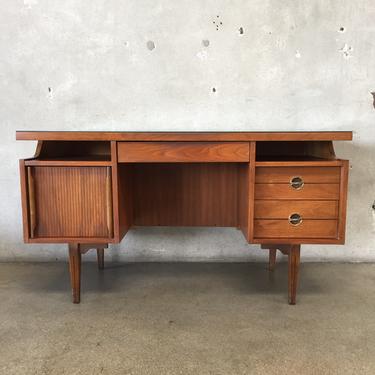 Mid Century Modern Desk with Glass Top &amp; Woven Accents