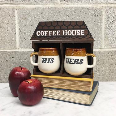 Vintage Mug Set Retro 1970s Wooden Coffee House + Set of 2 Ceramic Mugs + His and Hers + Drinkware + Home and Kitchen Decor 