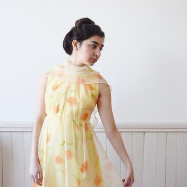 1970s Lemon Merengue Chiffon Overlay Gown | Vintage 70s Floral Print Dress | M 
