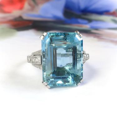 Vintage 1940's 11.48 ct t.w. Emerald Cut Aquamarine Diamond Cocktail Engagement Ring Platinum 