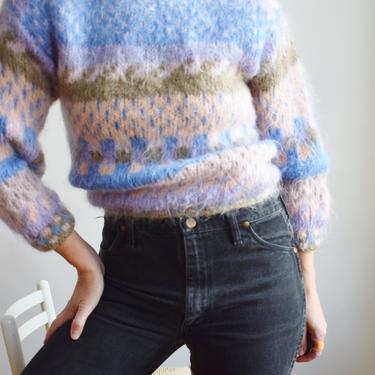 Vintage 1980s Handknit Mohair Sweater | S | Pastel Color Geometric Print Pullover 