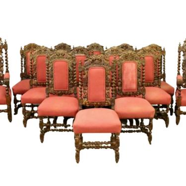Antique Chairs, Oak Dining, Side, Carved Wood Set of 14 (12 + 2), Barley 1800's