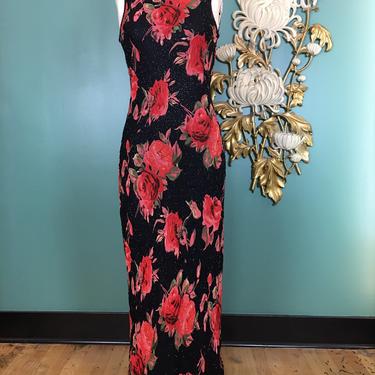 1990s maxi dress, bias cut dress, vintage 90s dress, low back, beaded rayon, small medium, black floral, rose print, 27 28, cocktail 