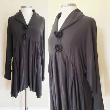 Vintage Black Rayon Tunic Jacket New Romantic / Su-Zen Floral Button Loose Blouse A Line / One Size 