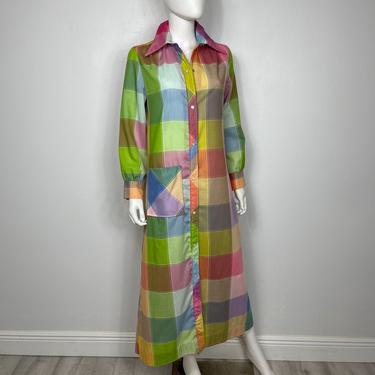 Vtg 60s 70s rainbow plaid maxi snap front shirt dress SM 