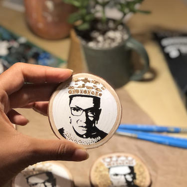 Hand Painted Wooden Ornament with Gold Leaf - Ruth Bader Ginsburg Portrait 