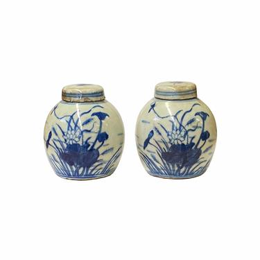 Pair Blue White Mini Oriental Flower Graphic Porcelain Ginger Jars ws1873E 