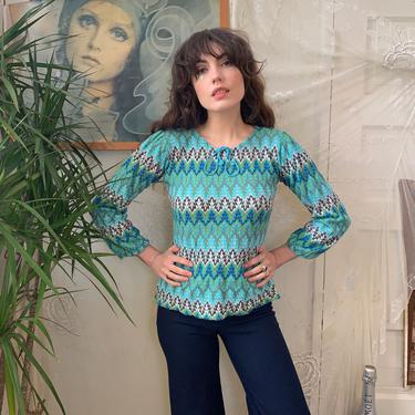 70's VARIEGATED KNIT TOP - turquoise white blue green, - puff sleeves - small/medium 