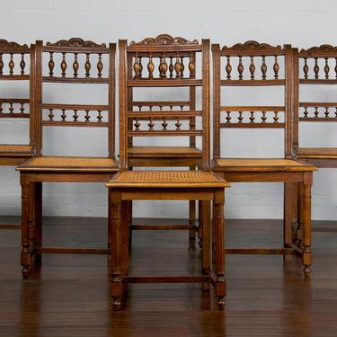 Late 19th Century Set of 6 French Provincial Henry II Hunting Renaissance Carved Walnut and Cane Dining Chairs 