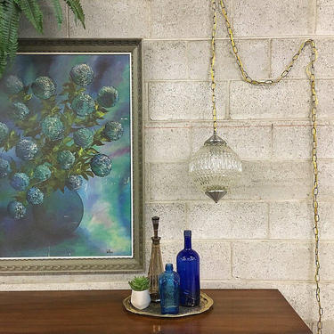 Vintage Pendant Light Retro 1970s Orb Shaped Glass Pendant + Swag + Light + Lamp with Long Chain and Cord for Home Decor 