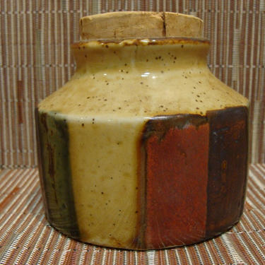 Vintage Otagiri Stoneware Jar Cork Top Striped Kitchen Canister Japan Boho 