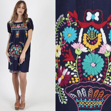 Navy Blue Cotton Mexican Dress Hand Embroidered Dress Boho Festival Dress Vintage Floral Fiesta Party Womens Coverup A Line Mini Dress 