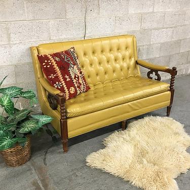 LOCAL PICKUP ONLY Vintage Leather Loveseat Retro 1970's Yellow Tufted Couch with Carved Wood Details Two Seat Furniture 