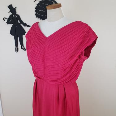 Vintage 1950's Cocktail Dress / 60s Magenta Hot Pink Dress L 