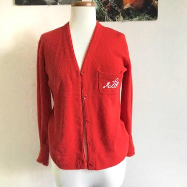 Vintage Jessie Cardigan | 1960s Red JRL Monogram Sweater | Unisex M L by blindcatvintage