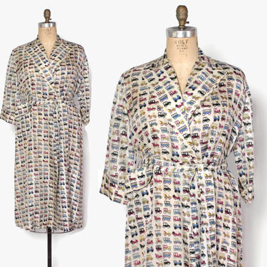 Vintage 50s Silk Dressing Gown / 1950s Novelty Old Timey Cars Print Belted Robe 