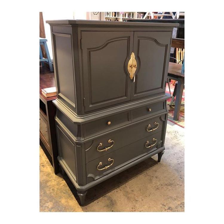 Grey Chest of Drawers with awesome brass hardware // 
