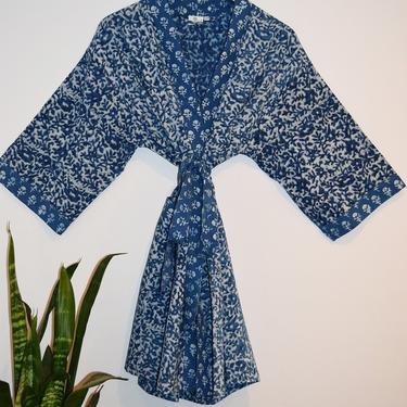 Hand Block Printed Kimono, Cotton Dressing Gown, Cotton Kimono, Wood Block Print, Lightweight Cotton Robe, Coverup, Natural Indigo Kimono 