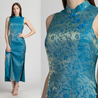 70s Blue Floral Cheongsam Maxi Dress - Small to Medium | Vintage Chinese Jacquard Formal Dress High Side Slit Qipao 