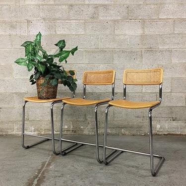Vintage Marcel Breuer Style Bar Chairs Retro Mid Century Modern Set of 3 Wood and Cane Tubular Steel Chairs LOCAL PICKUP ONLY 