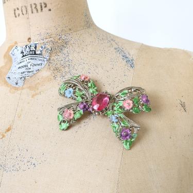 vintage floral bow brooch • oversized 1940s painted pink rhinestone novelty brooch • springtime silver bow 