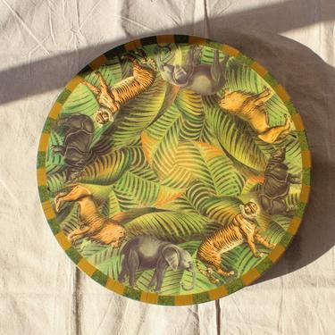 Vintage 90s Annie Modica Hand Painted Africa Lazy Susan | Made in USA | Elephants, Tigers, Lions, Jungle | 1990s Home Decor, Boho Dining 