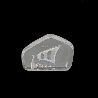 Vintage Modern Art Glass Viking Ship Boat Paperweight Modernist Figurine Lead Crystal Sculpture Mats Jonasson Maleras Glassworks Sweden 