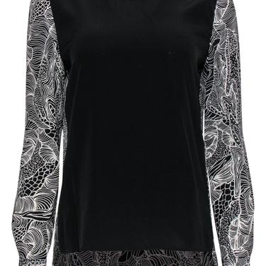 Diane von Furstenberg - Black & White Silk Blouse w/ Abstract Sleeves Sz 8