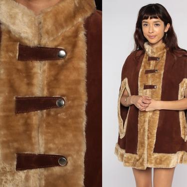 Brown Suede Cape 60s Faux Fur Leather Cape Coat 70s Jacket Mod 1970s Vintage Button Up Poncho Shawl 1960s Gogo Small Medium Large 