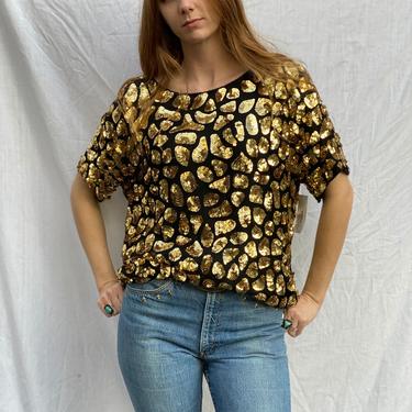 Sequin Silk Blouse / Spotted Leopard Gold and Black Sequin shirt / Sequined  Blouse / Stage Wear / High Fashion / Holiday Party Top 
