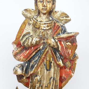 1800's Madonna Santos with Glass Eyes,  Antique Hand Carved Our Lady Statue, Hand Painted Polychrome Holy Mother of God 