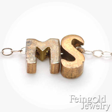 Custom TWO Initials - Tiny Vintage Brass Pendant on Sterling Silver Chain - Free US Shipping 