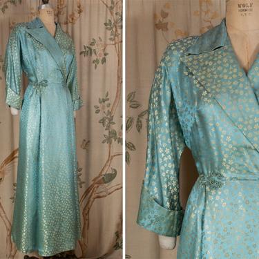 1950s Dressing Gown - Gleaming Vintage 50s Dressing Gown Made in British Hong Kong of Fine Silk Brocade in Gold and Turquoise 