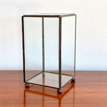 Upright Glass Box - 8&amp;quot; Glass Brass Curio Box - Vertical Glass Display Case w Door - Lidded Glass Brass Box - Small Glass Terrarium Container 