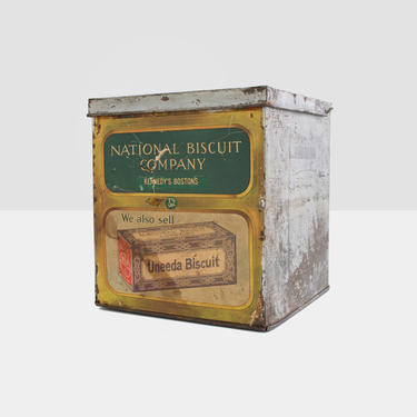 national biscuit company container, uneeda biscuit crate, metal biscuit crate, national biscuit company tin container, advertising tin 